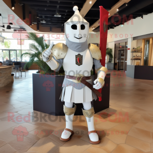 White Medieval Knight mascot costume character dressed with a Chinos and Suspenders