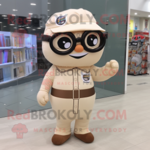 Beige Alliance mascot costume character dressed with a Jumpsuit and Reading glasses