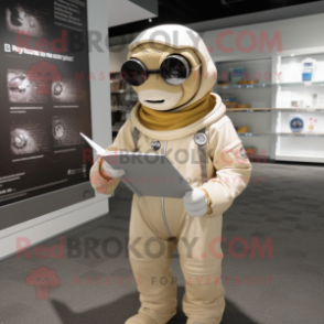 Beige Alliance mascot costume character dressed with a Jumpsuit and Reading glasses