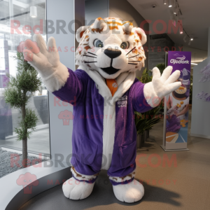 Lavender Saber-Toothed Tiger mascot costume character dressed with a Parka and Rings