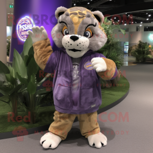 Lavender Saber-Toothed Tiger mascot costume character dressed with a Parka and Rings