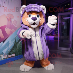 Lavender Saber-Toothed Tiger mascot costume character dressed with a Parka and Rings