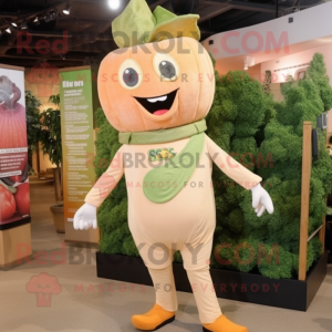 Peach Caesar Salad mascot costume character dressed with a Jeggings and Suspenders