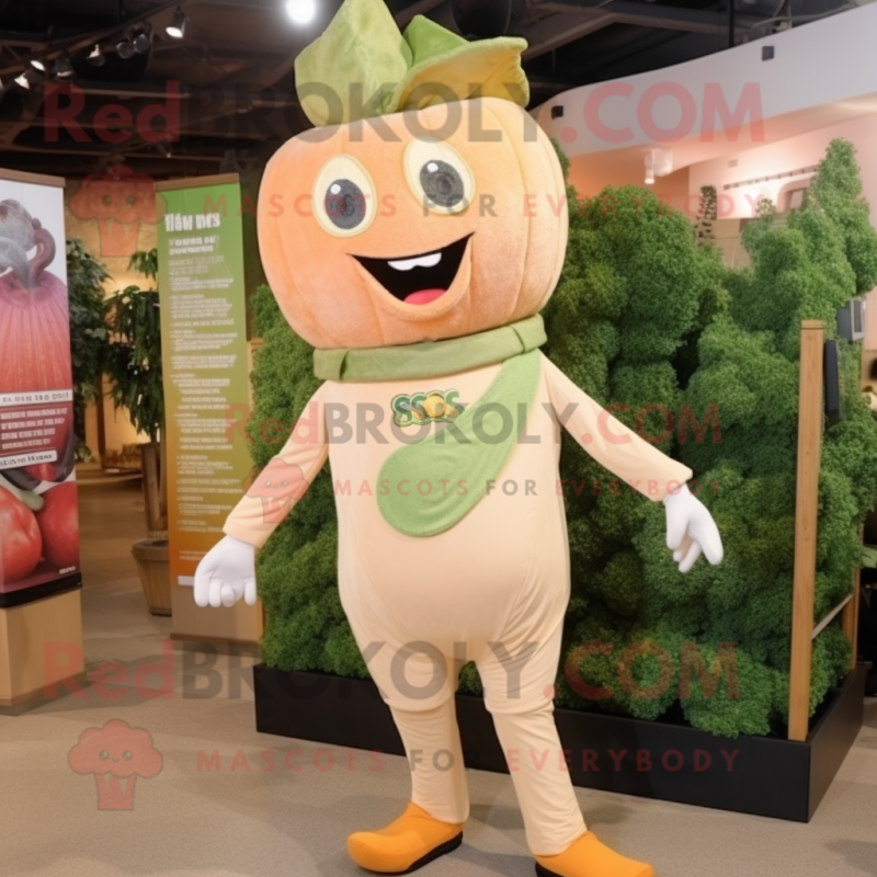 Peach Caesar Salad mascot costume character dressed with a Jeggings and Suspenders