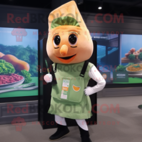 Peach Caesar Salad mascot costume character dressed with a Jeggings and Suspenders