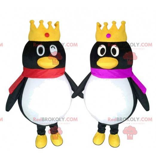 2 mascotas de pingüinos con coronas, pareja de pingüinos -