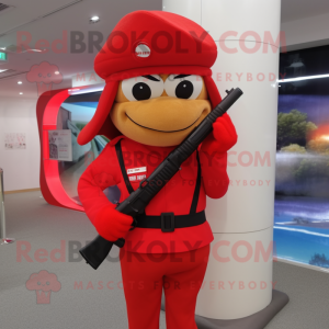 Red Sniper mascot costume character dressed with a Pencil Skirt and Caps