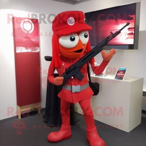 Red Sniper mascot costume character dressed with a Pencil Skirt and Caps