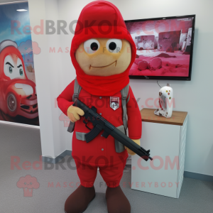 Red Sniper mascot costume character dressed with a Pencil Skirt and Caps