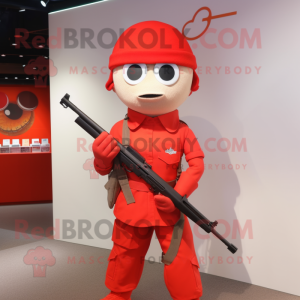 Red Sniper mascot costume character dressed with a Pencil Skirt and Caps
