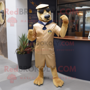 Gold Navy Seal mascot costume character dressed with a Cocktail Dress and Foot pads