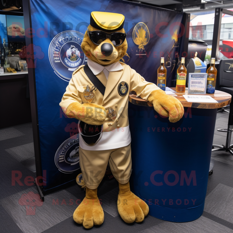 Gold Navy Seal mascot costume character dressed with a Cocktail Dress and Foot pads