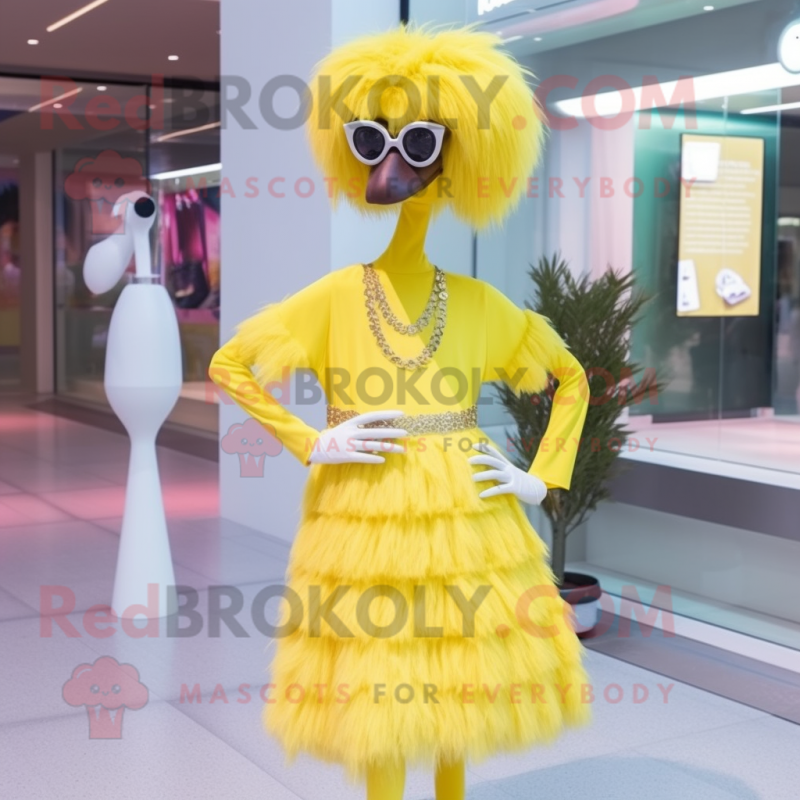 Lemon Yellow Ostrich mascot costume character dressed with a Midi Dress and Headbands Lemon Yellow Ostrich mascot costume character dressed with a Midi Dress and Headbands