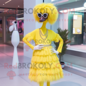 Lemon Yellow Ostrich mascot costume character dressed with a Midi Dress and Headbands