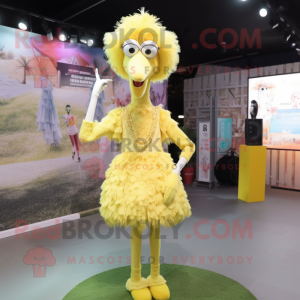 Lemon Yellow Ostrich mascot costume character dressed with a Midi Dress and Headbands