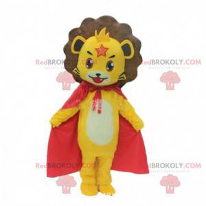 Mascote leãozinho amarelo com capa, fantasia de filhote de leão