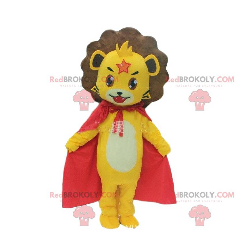 Mascote leãozinho amarelo com capa, fantasia de filhote de leão