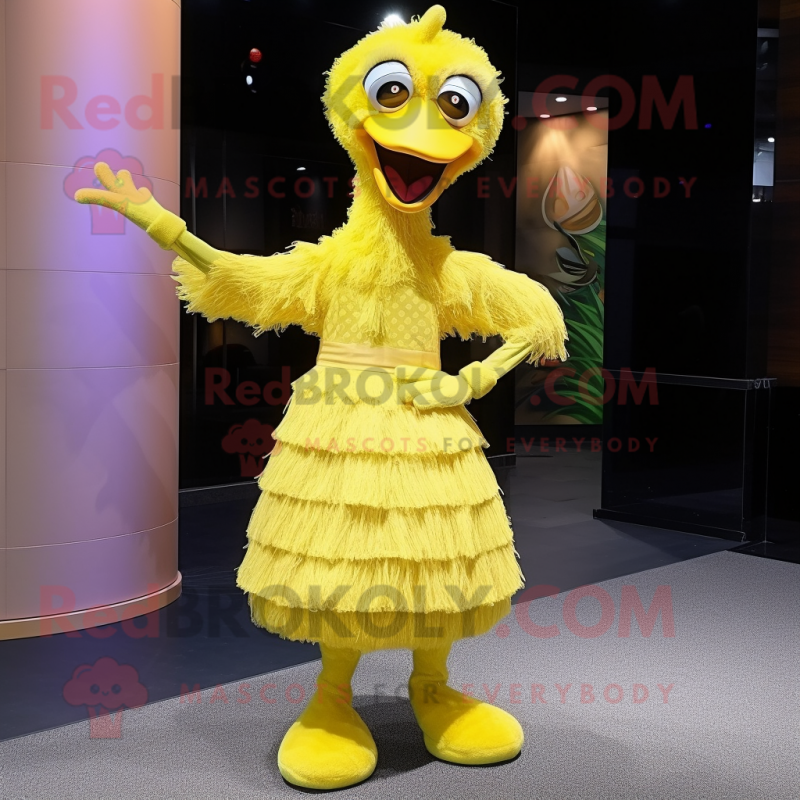 Lemon Yellow Ostrich mascot costume character dressed with a Midi Dress and Headbands Lemon Yellow Ostrich mascot costume character dressed with a Midi Dress and Headbands