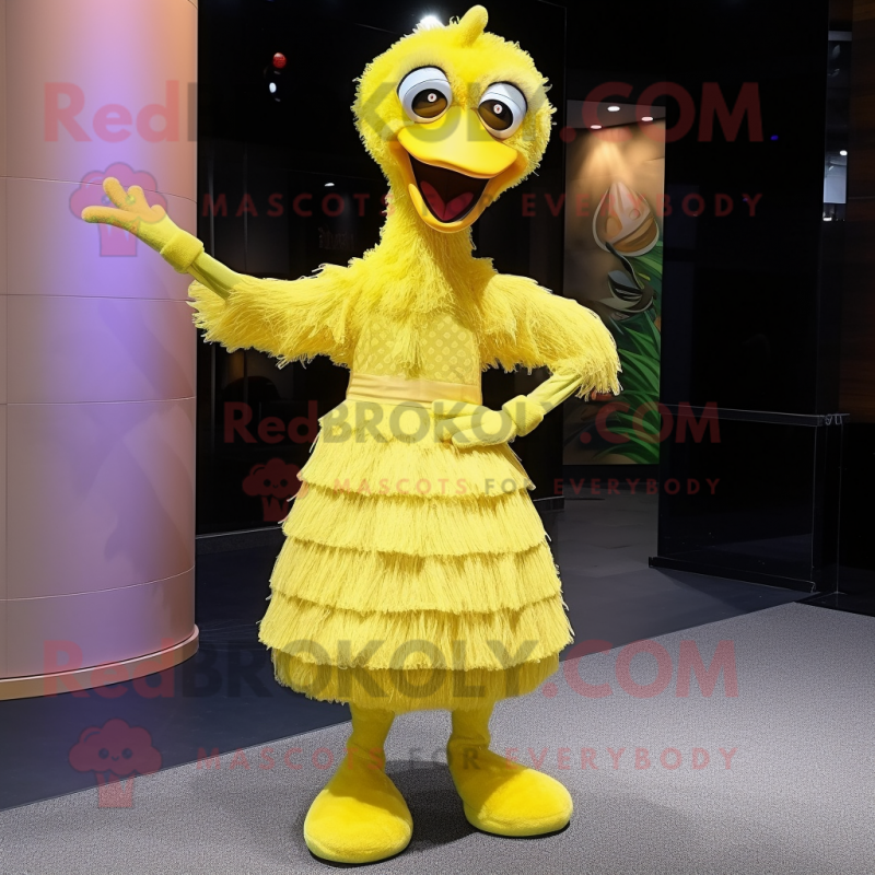 Lemon Yellow Ostrich mascot costume character dressed with a Midi Dress and Headbands