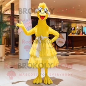 Lemon Yellow Ostrich mascot costume character dressed with a Midi Dress and Headbands