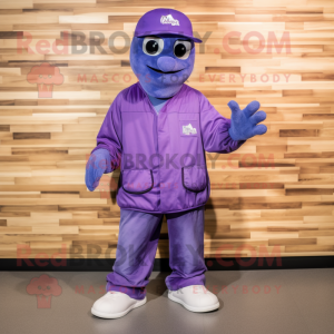 Purple Marine Recon mascot costume character dressed with a Boyfriend Jeans and Beanies