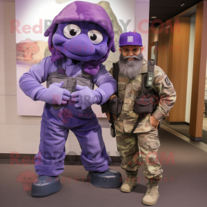 Purple Marine Recon mascot costume character dressed with a Boyfriend Jeans and Beanies