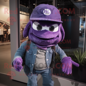 Purple Marine Recon mascot costume character dressed with a Boyfriend Jeans and Beanies