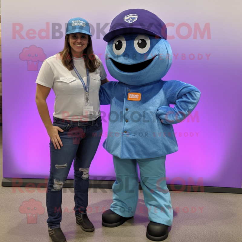 Purple Marine Recon mascot costume character dressed with a Boyfriend Jeans and Beanies