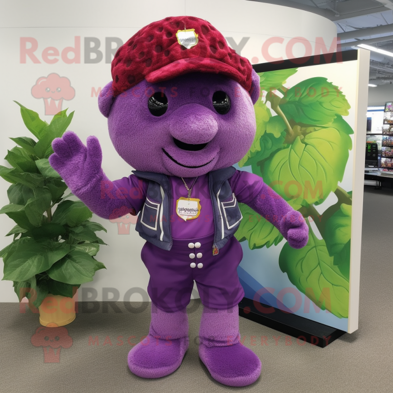 Purple Raspberry mascot costume character dressed with a Cargo Shorts and Earrings Purple Raspberry mascot costume character dressed with a Cargo Shorts and Earrings