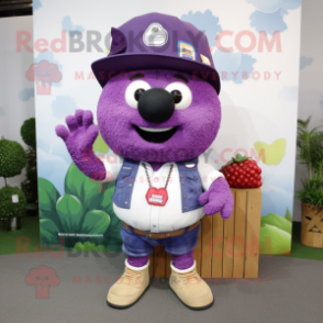 Purple Raspberry mascot costume character dressed with a Cargo Shorts and Earrings