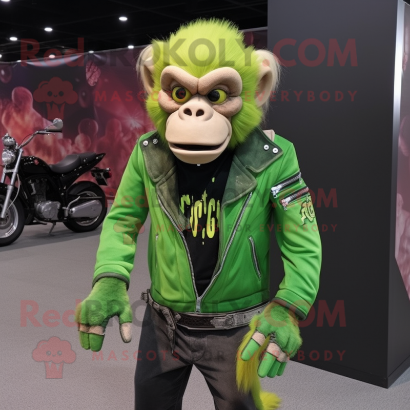 Lime Green Capuchin Monkey mascot costume character dressed with a Biker Jacket and Shoe laces Lime Green Capuchin Monkey mascot costume character dressed with a Biker Jacket and Shoe laces
