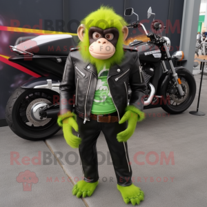 Lime Green Capuchin Monkey mascot costume character dressed with a Biker Jacket and Shoe laces