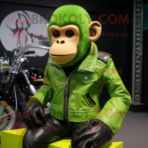 Lime Green Capuchin Monkey mascot costume character dressed with a Biker Jacket and Shoe laces