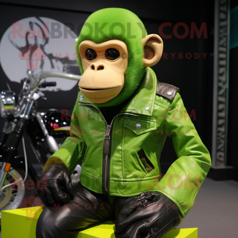 Lime Green Capuchin Monkey mascot costume character dressed with a Biker Jacket and Shoe laces Lime Green Capuchin Monkey mascot costume character dressed with a Biker Jacket and Shoe laces