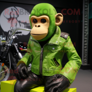 Lime Green Capuchin Monkey mascot costume character dressed with a Biker Jacket and Shoe laces