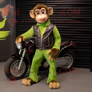 Lime Green Capuchin Monkey mascot costume character dressed with a Biker Jacket and Shoe laces