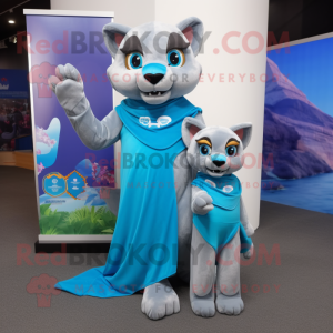 Cyan Mountain Lion mascot costume character dressed with a Mini Dress and Wraps