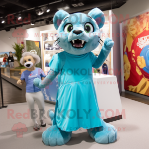 Cyan Mountain Lion mascot costume character dressed with a Mini Dress and Wraps
