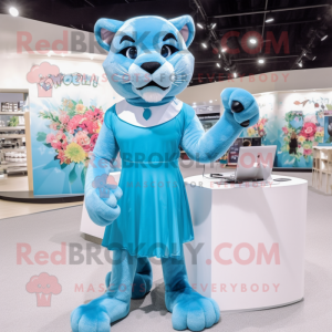 Cyan Mountain Lion mascot costume character dressed with a Mini Dress and Wraps