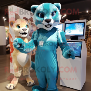 Cyan Mountain Lion mascot costume character dressed with a Mini Dress and Wraps