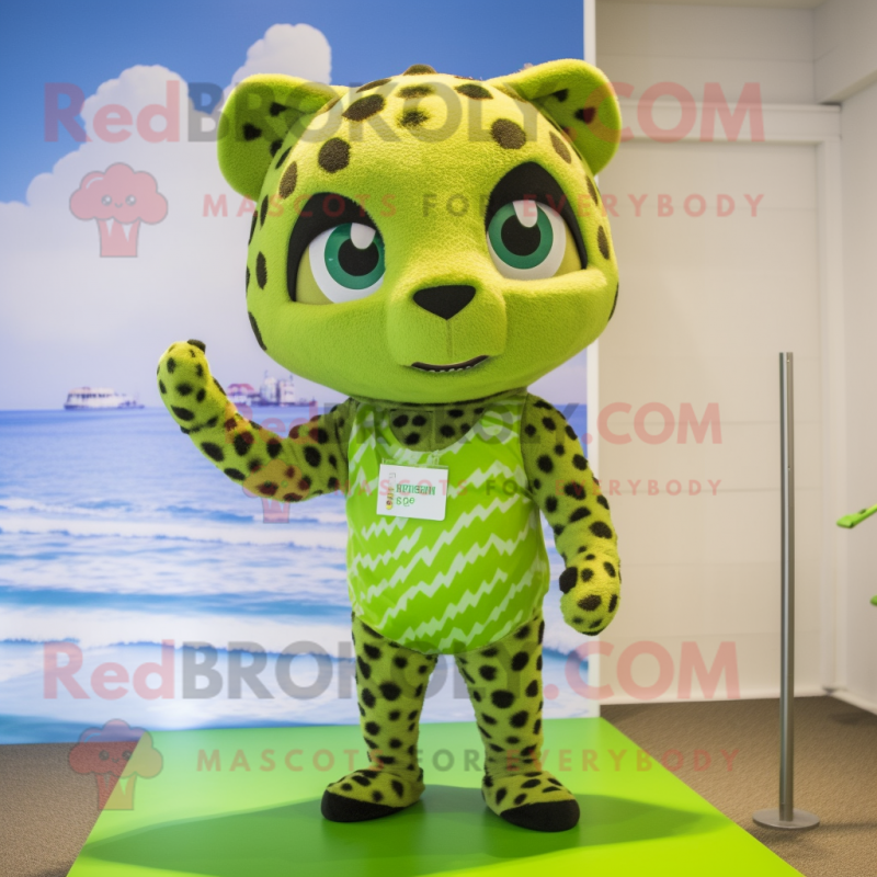 Lime Green Cheetah mascot costume character dressed with a One-Piece Swimsuit and Hairpins