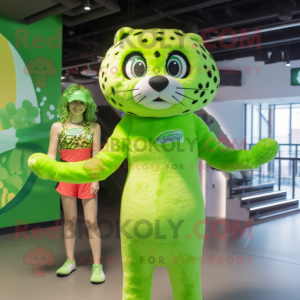 Lime Green Cheetah mascot costume character dressed with a One-Piece Swimsuit and Hairpins