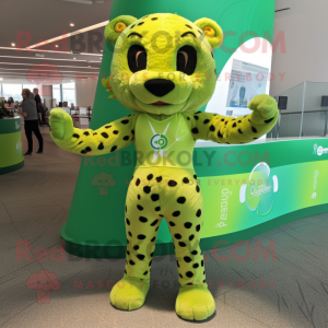 Lime Green Cheetah mascot costume character dressed with a One-Piece Swimsuit and Hairpins