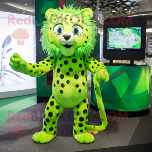 Lime Green Cheetah mascot costume character dressed with a One-Piece Swimsuit and Hairpins