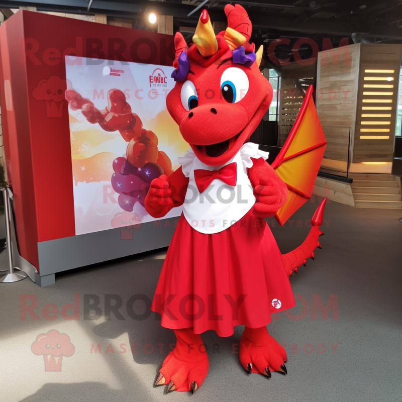 Red Dragon mascot costume character dressed with a Maxi Skirt and Bow ties Red Dragon mascot costume character dressed with a Maxi Skirt and Bow ties