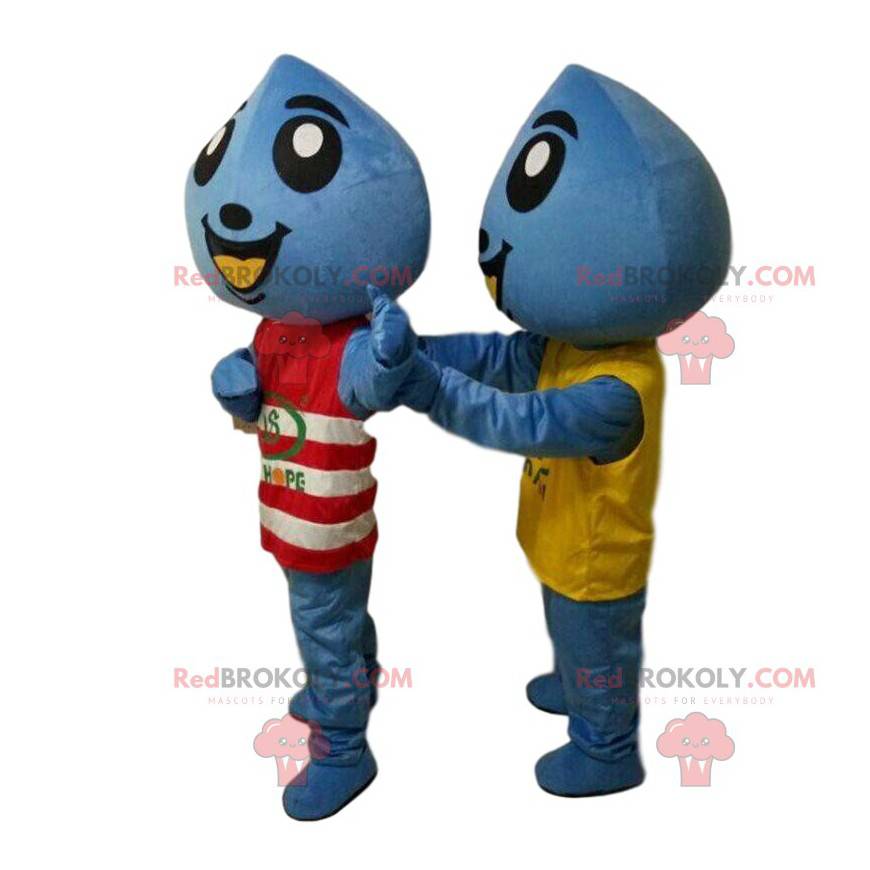 2 mascottes de gouttes bleues, costumes de gouttes géantes -