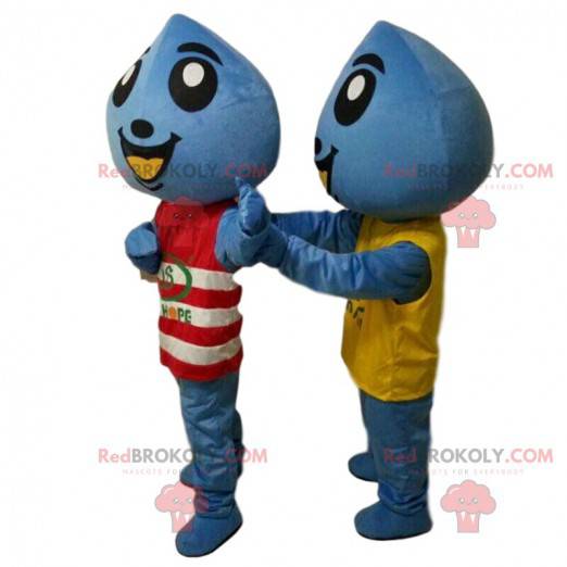 2 mascottes van blauwe druppels, kostuums van gigantische