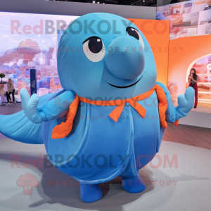 Orange Blue Whale mascot costume character dressed with a Pleated Skirt and Belts