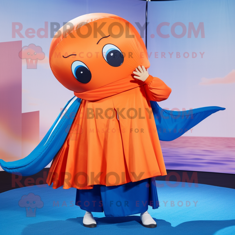 Orange Blue Whale mascot costume character dressed with a Pleated Skirt and Belts Orange Blue Whale mascot costume character dressed with a Pleated Skirt and Belts