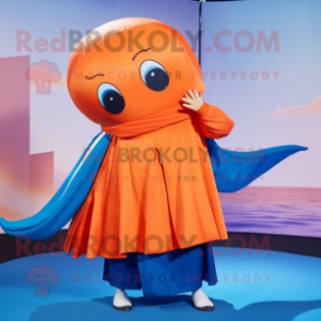 Orange Blue Whale mascot costume character dressed with a Pleated Skirt and Belts